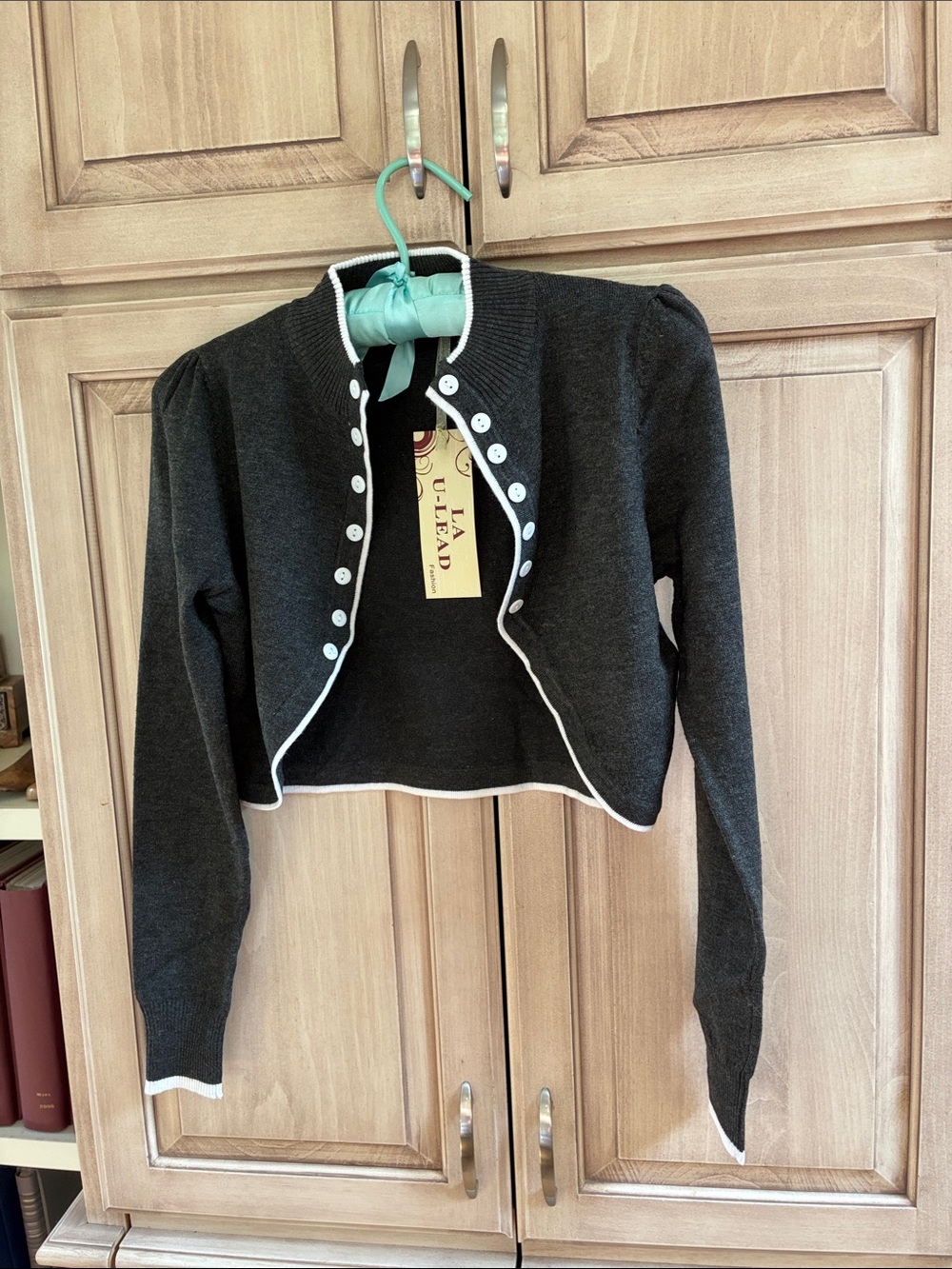 Charcoal Cropped Cardigan shrug with White Trim Sz S